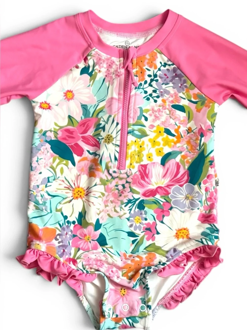 Caden Lane Floral Long Sleeve Ruffle One Piece Swimsuit Rash Guard 3 T toddler